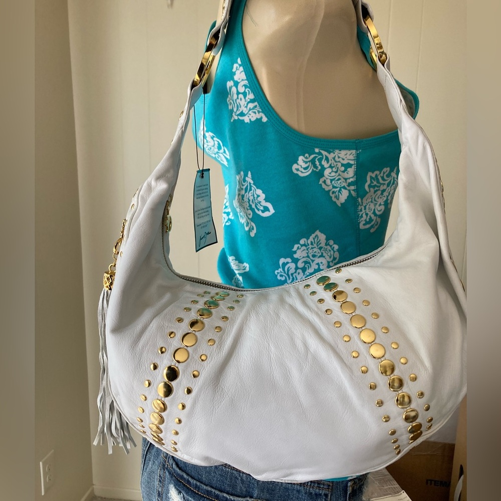NWT ✨ Y2K Junior Drake White Leather Gold Studded Hobo Handbag Purse Bag - Picture 15 of 15